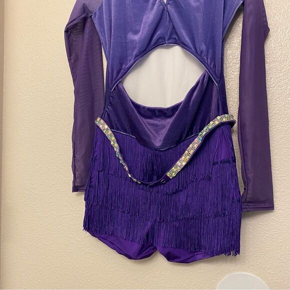 WEISSMAN Dance Costume purple fringe velvet mesh sleeve All The Ways 13290 MA - Picture 5 of 13